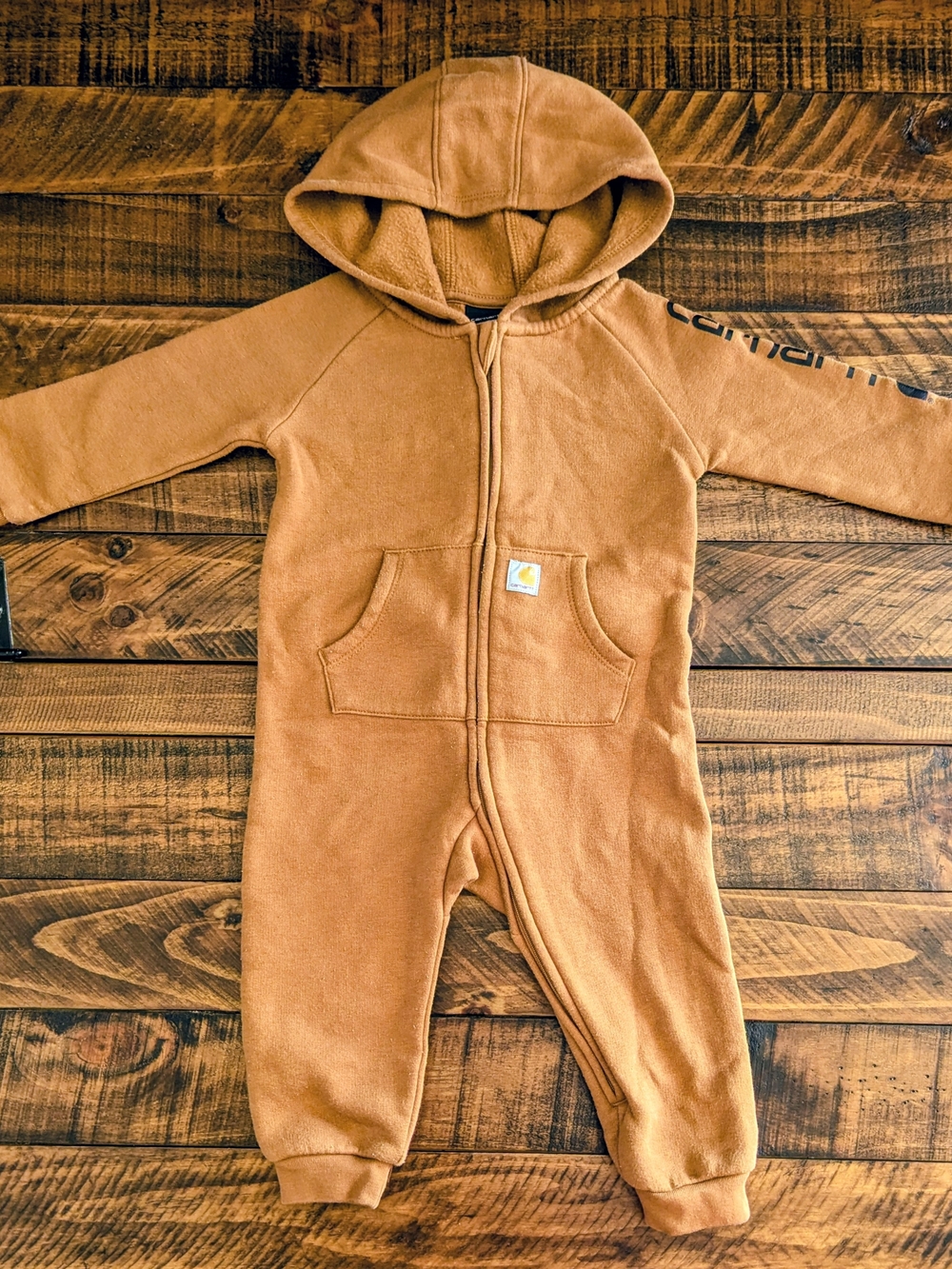 Carhartt Brown Hooded Zip Front Logo Sleeve Coverall Romper Fleece Infant 12M